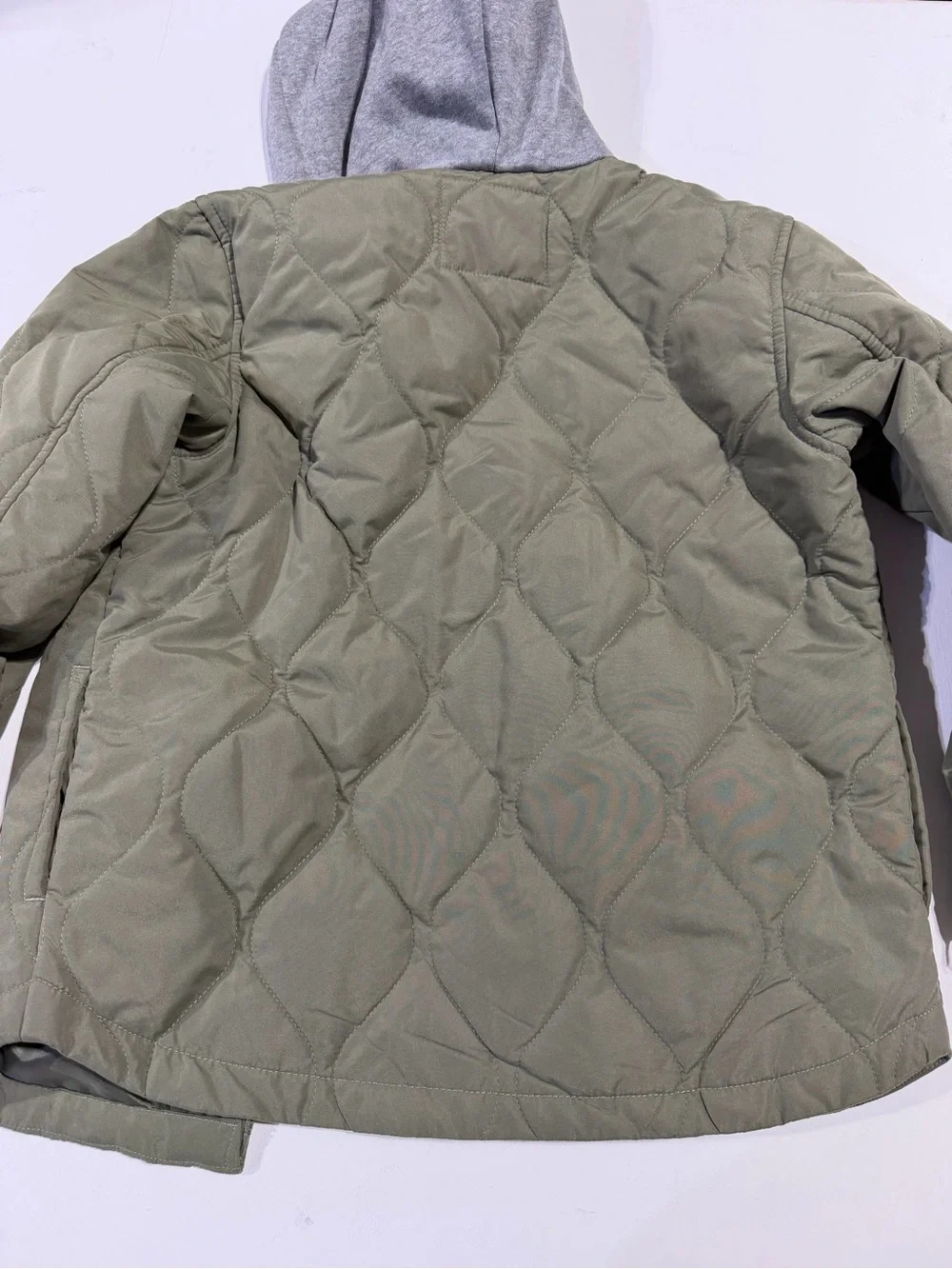 Old Navy Olive Green Quilted Jacket with Gray Hood